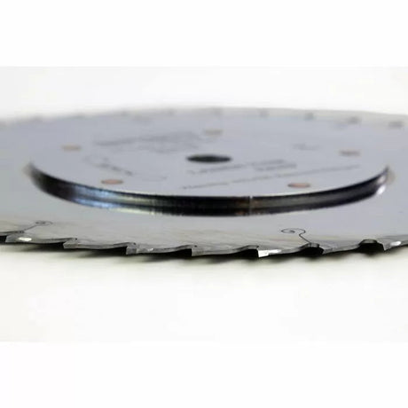 Close-up of a circular saw blade with sharp teeth for woodworking precision cuts