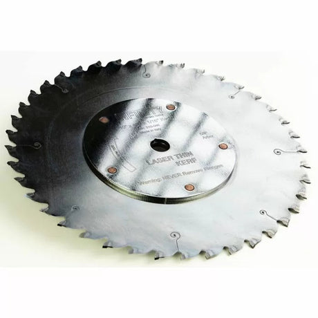Carbide-tipped circular saw blade with laser thin kerf for woodworking precision cuts.