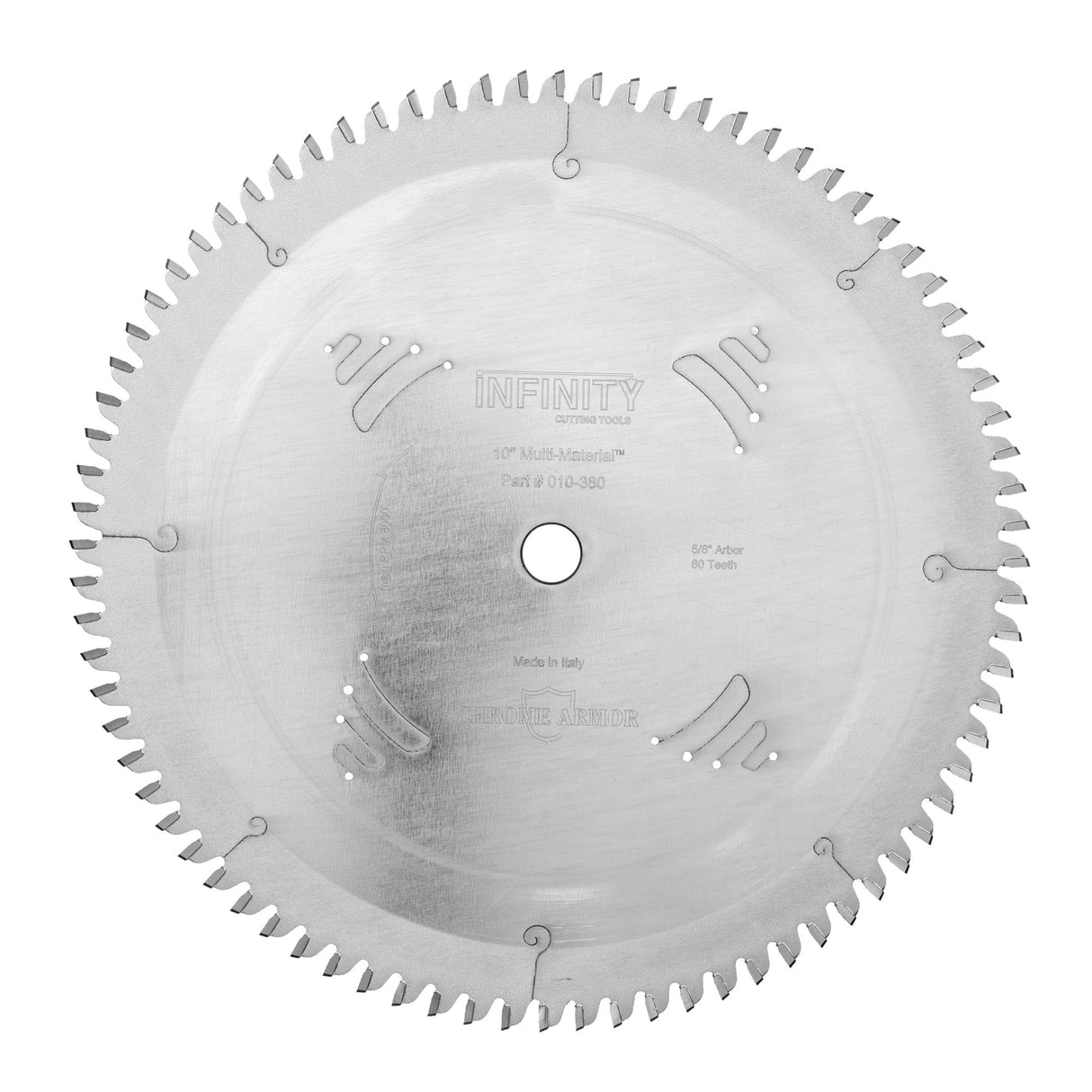 Circular saw blade with 'Infinity' branding on a white background
