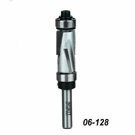Up-cut spiral flush trim router bit with ball bearings, shown vertically on white background, 06-128.