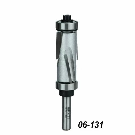 Spiral flush trim router bit with dual ball bearings for woodworking, model 06-131.