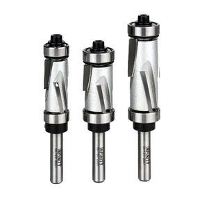 Set of three silver woodworking router bits with bearings for precision cutting