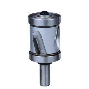 Helical flush trim router bit with dual bearings for woodworking precision