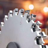 Closeup of stacked dado saw blade teeth