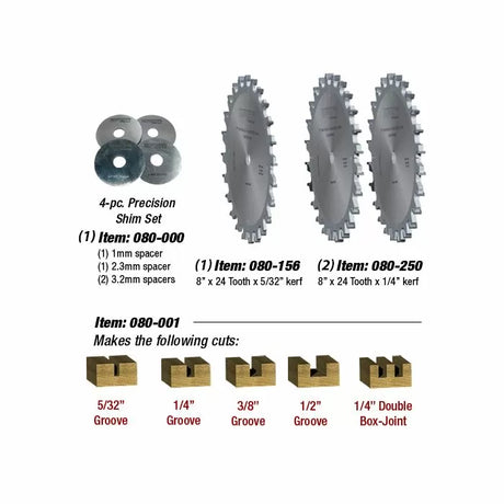 Table saw blade set with precision shims for making grooves and box joints in woodworking.
