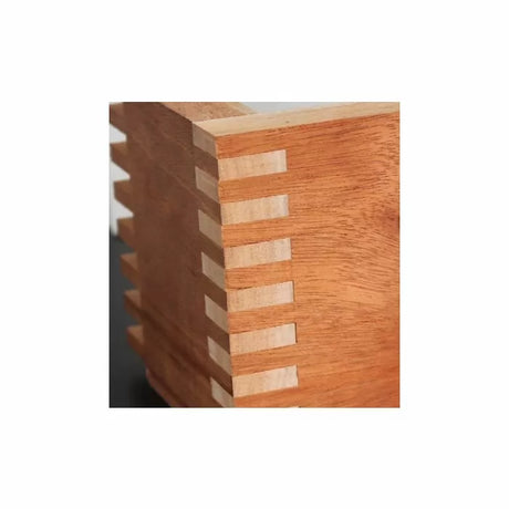 Close-up of a wooden box with precise box joint woodworking corners