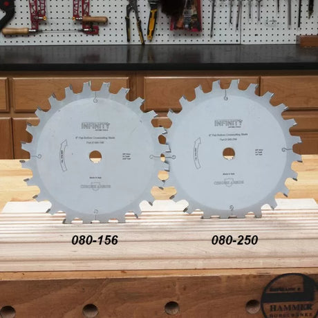 Two industrial saw blades with labeled teeth for woodworking, displayed on a workbench