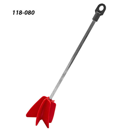 Red silicone glue mixer paddle on metal rod, woodworking accessory on white background