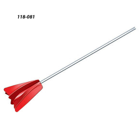 Red metal paint mixer attachment with long shaft for woodworking tools on white background.