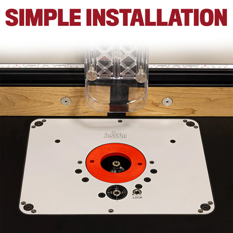 Router table insert plate with installed router bit and fence, simple installation text above.