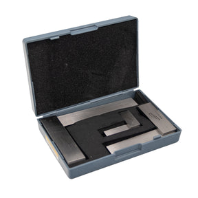 Precision woodworking square set in foam-lined plastic case on white background