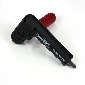 Right angle drill attachment with black body and red handle for woodworking projects