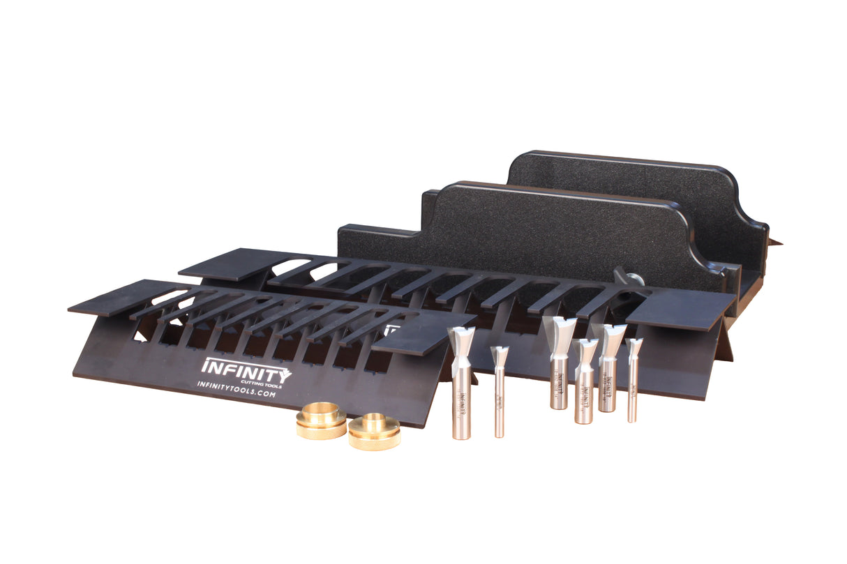 Infinity Tools Master Tapered Dovetail Spline System w/ Router Jigs, Spline Making Sled, 6 Dovetail Bits & 2 Brass Guides