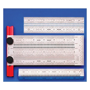 Set of precision stainless steel woodworking rulers and marking gauge on blue background