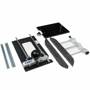 Woodworking router jig kit with base, rods, guide fence, and accessories on white background.