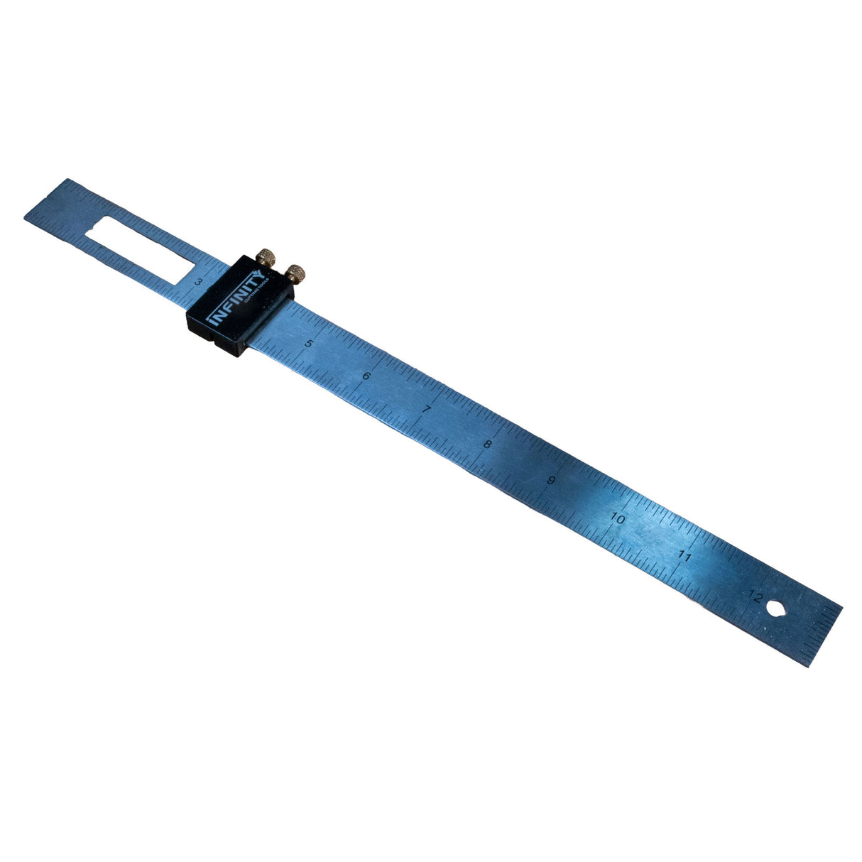 Metal ruler with a black brand label on a white background