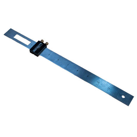 Metal ruler with a black brand label on a white background
