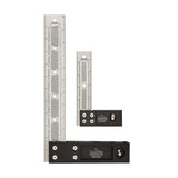 Two precision woodworking squares with metal rulers and black handles for accurate measuring