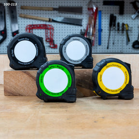 Four ProCarpenter tape measures in workshop with pegboard tool background