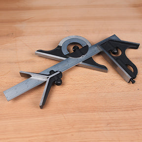 Combination square set with ruler and protractor on wooden workbench, woodworking tool