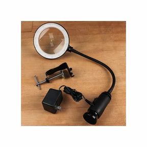 Workbench LED magnifying lamp with clamp and power adapter for woodworking precision tasks
