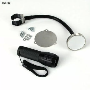 Woodworking router table inspection kit with flexible mirror, flashlight, screws, and plate