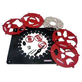 Woodworking router circle cutting jig set with red templates, hardware, and guide plates