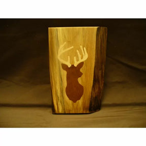 Handcrafted wooden vase with deer head silhouette inlay, woodworking décor accent