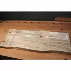 Wooden workbench with natural edge routing plate insert and extension, labeled item 100-190 and 100-191