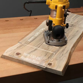 Wood router using clear position plate on live edge wood slab for precise woodworking