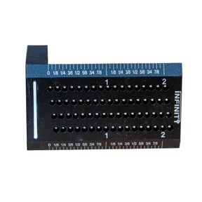 Black woodworking saddle square with precision drilled holes and measurement markings