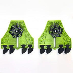 Pair of green featherboards for woodworking, featuring black adjustment knobs and fingers