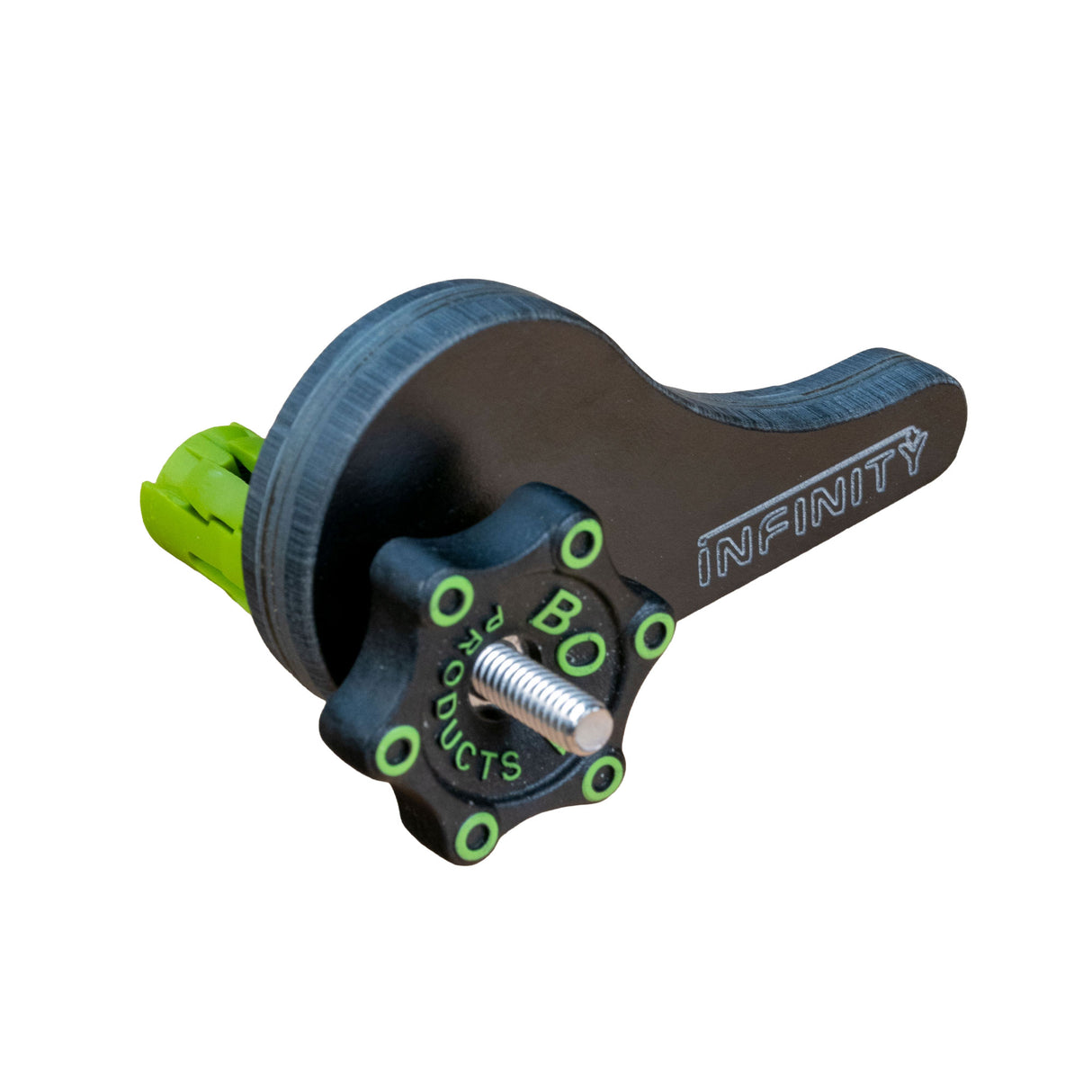 Eccentric cam clamp with black lever and green accents on white background