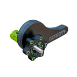Eccentric cam clamp with black lever and green accents on white background