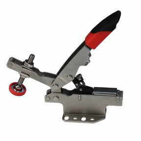 Adjustable toggle clamp with red handle for woodworking and tool holding applications