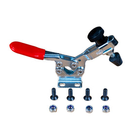 Metal woodworking toggle clamp with red handle and mounting hardware on white background