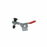 Adjustable metal toggle clamp with red handle for woodworking jigs and fixtures
