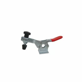 Adjustable metal toggle clamp with red handle for woodworking jigs and fixtures