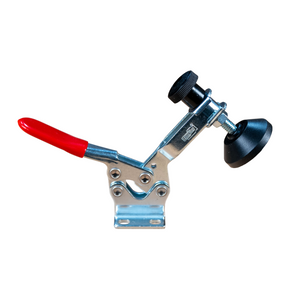 Toggle clamp with red handle and adjustable rubber foot for woodworking jigs and fixtures