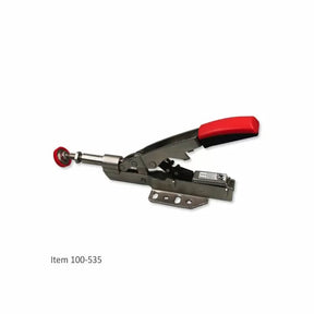 Horizontal toggle clamp with red handle and base plate for woodworking jigs
