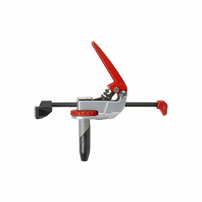 Heavy-duty woodworking toggle clamp with red handle and adjustable bar for workbench use