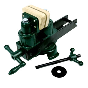 Green woodworking vise with wooden jaws and handle, heavy-duty bench clamp tool