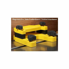 Yellow table saw featherboard with vertical attachment for woodworking precision
