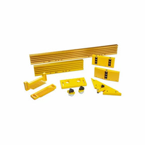 Yellow router table fence system with clamps, featherboards, and guide components for woodworking