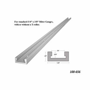 Aluminum miter track rail with diagram, fits 3/4 x 3/8 inch miter gauges, woodworking accessory.