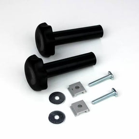 Router table fence knob and hardware kit with bolts, washers, and T-nuts on white background