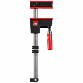 Heavy-duty woodworking parallel clamp with red handle and padded jaws