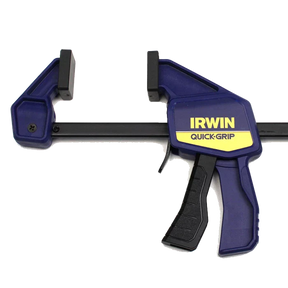 Blue Irwin Quick-Grip woodworking clamp with padded jaws and ergonomic handle