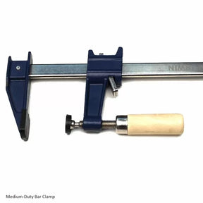 Medium-duty bar clamp with blue steel frame and wooden handle for woodworking projects