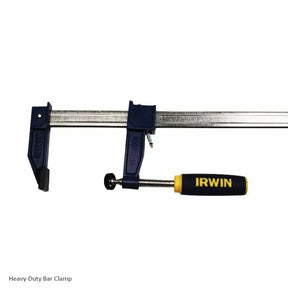 Heavy-duty bar clamp with metal body and blue handle for woodworking